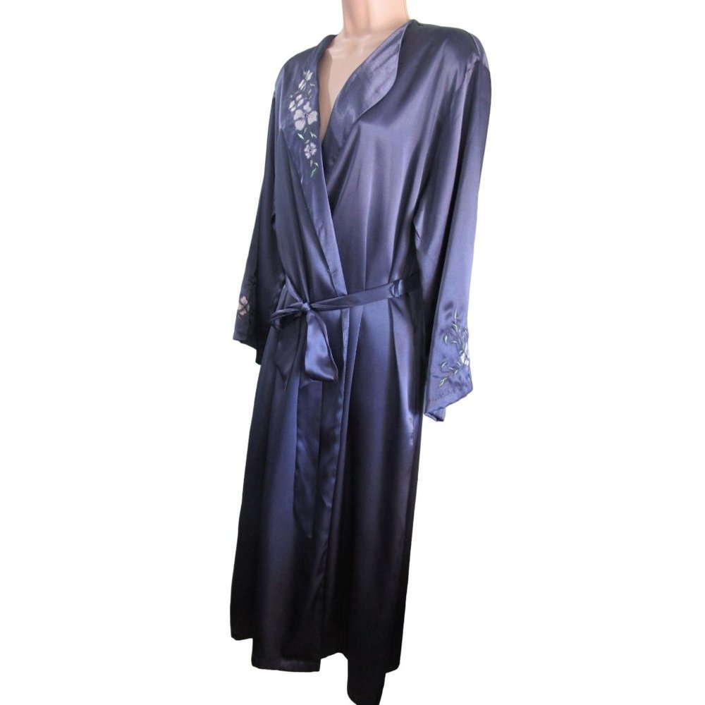 Halston Slate Blue Embroidered Applique Floral Satin Robe Ladies PL EUC - Picture 11 of 16